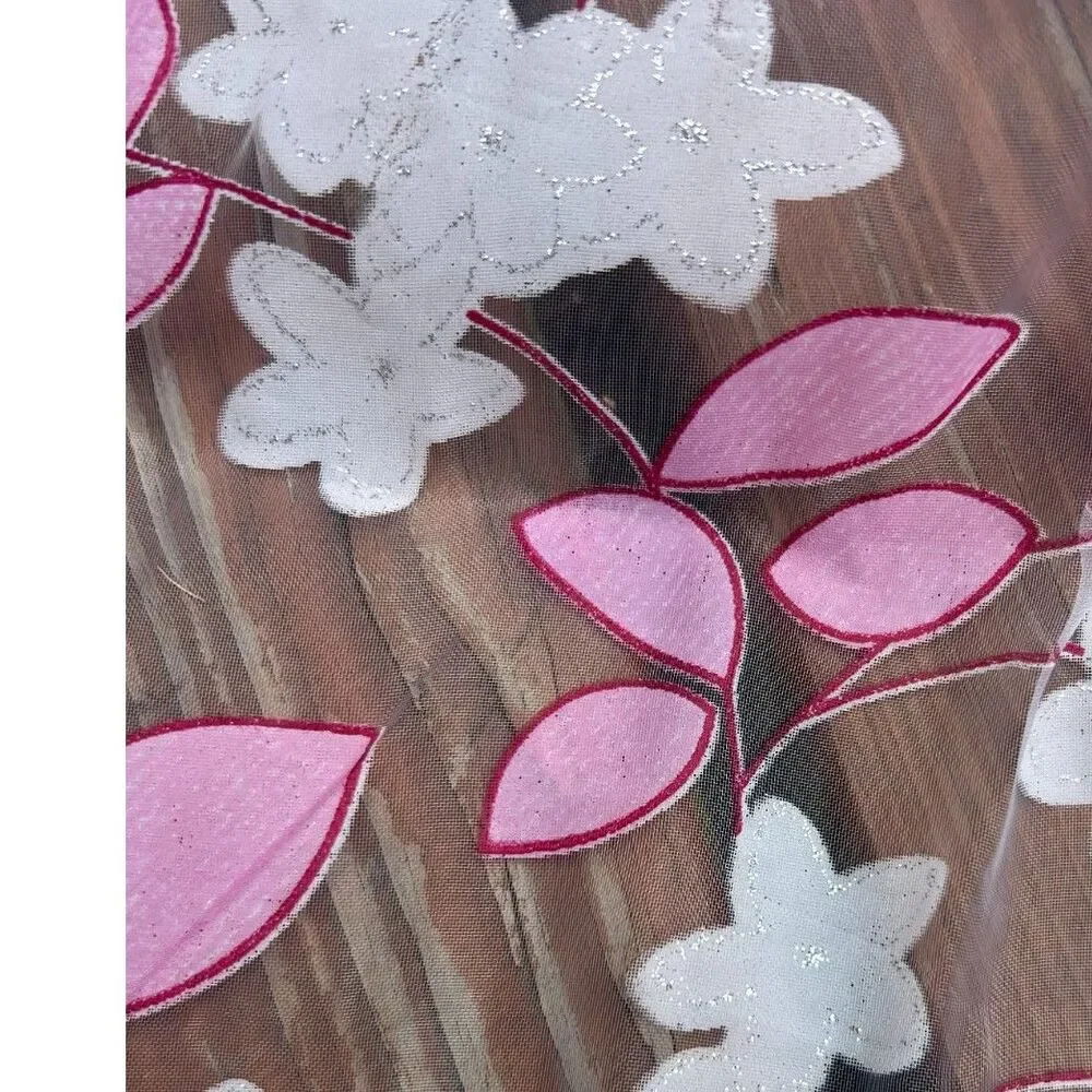 Pink & White Floral Sheer Curtain Panels w/ Silver Shimmer – Set of 4  35” x 76”